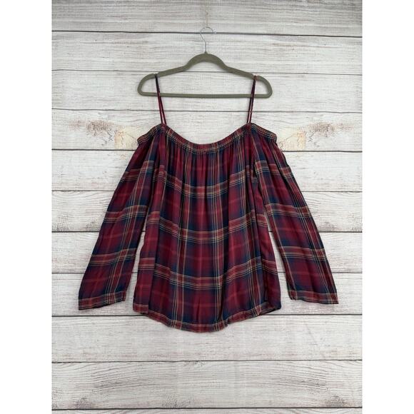 Cloth & Stone Plaid Off Shoulder Blouse Womens Large Red Purple Tan - Picture 2 of 8